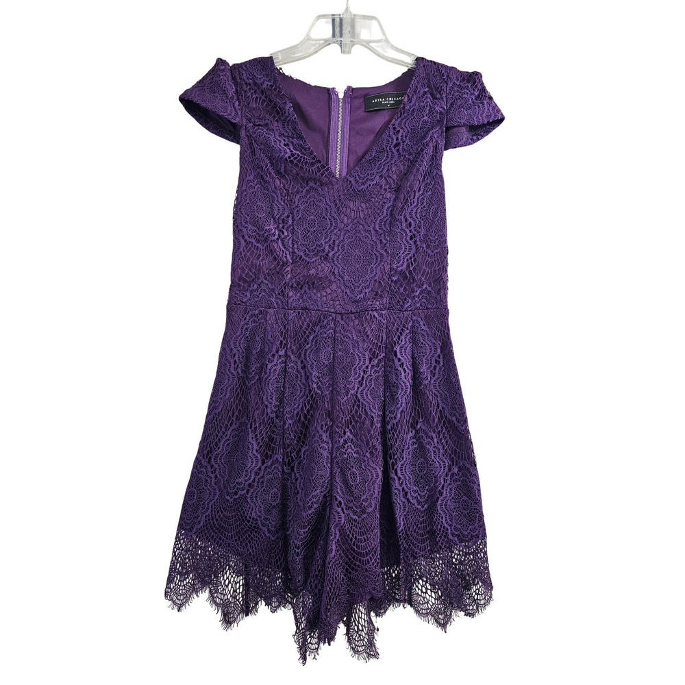 Akira Chicago Romper Womens Medium Purple Floral Lace Cap Sleeve V-Neck LJS8248H